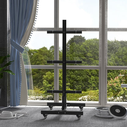 SPORTNOW Weight Rack for Olympic Weight Plate, 3 Tier Weight Tree for 2 inch Plates and Bars, Weight Organiser Stand with 4 Transport Wheels and Clamps for Home Gym, Max Load 200kg, Black