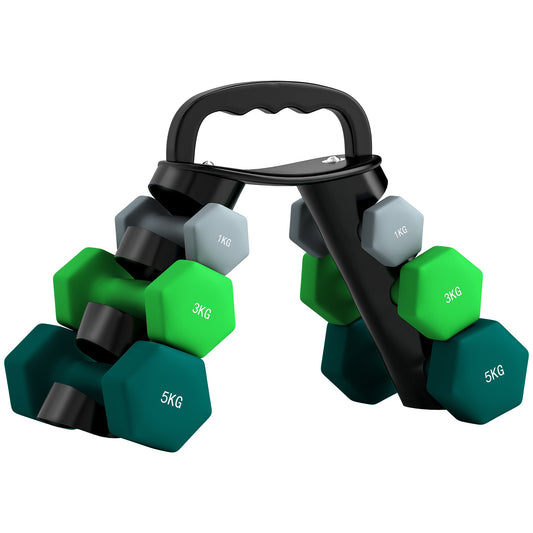 Zestaw hantli SPORTNOW z uchwytem do przenoszenia, zestaw 6 ciężarków do ćwiczeń w domowej siłowni z odważnikami kulowymi, 2 x 1 kg, 2 x 3 kg, 2 x 5 kg