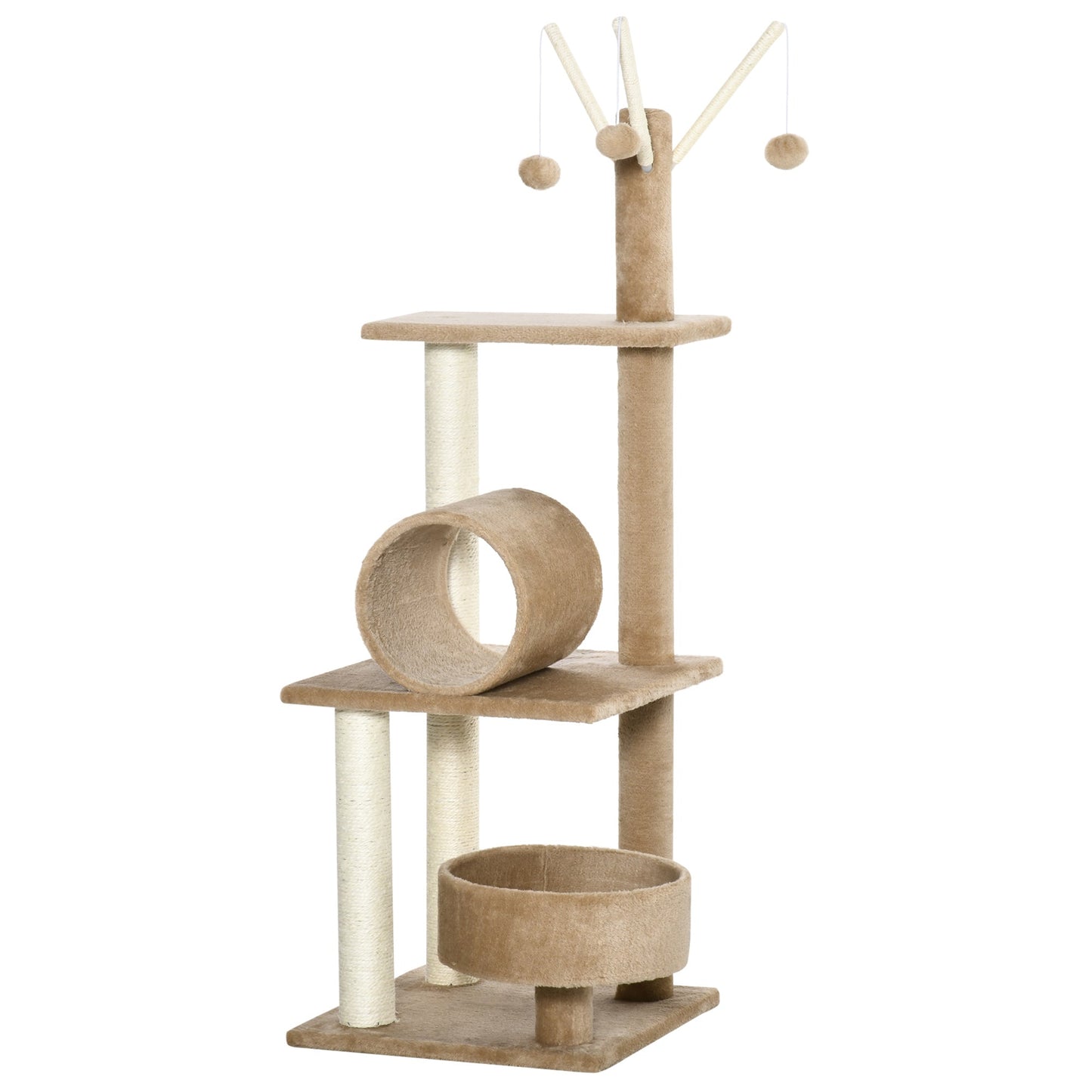 PawHut 121cm Cat Tree Tower Kitten Activity Center Scratching Post with Bed Tunnel Perch Interactive Ball Toy Brown