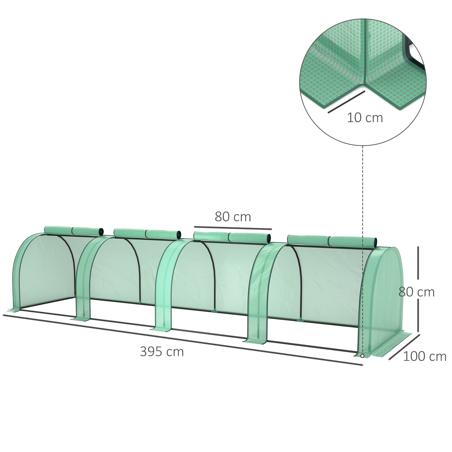 Outsunny PE Tunnel Greenhouse Green Grow House Steel Frame for Garden Backyard with Zipper Doors 395 x 100 x 80cm, Green