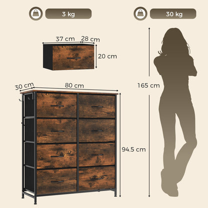 HOMCOM Chest of Drawers, Dresser for Bedroom with 8 Fabric Drawers, Tall Storage Unit w/ Side Storage Bag, Rustic Brown
