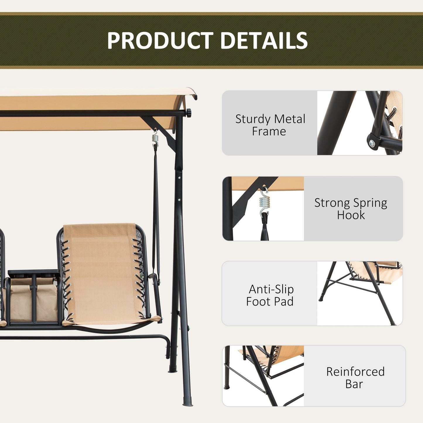 Outsunny 2-Seater Swing Chair Steel Frame Adjustable Canopy Texteline Garden Swing Seat w/ Middle Table Cup Holders Heavy Duty Outdoor Patio - Beige