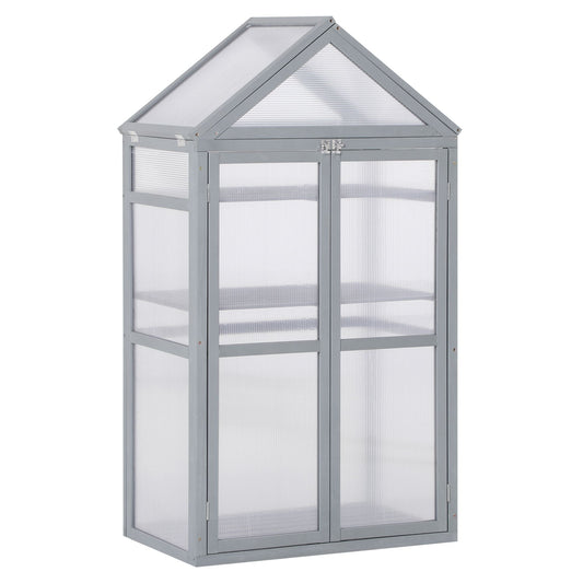 Outsunny Garden Cold Frame Polycarbonate Greenhouse with Adjustable Shelves, Double Doors, Openable Top Covers, Grow House for Flower Vegetable Plants, 80 x 47 x 138cm, Grey