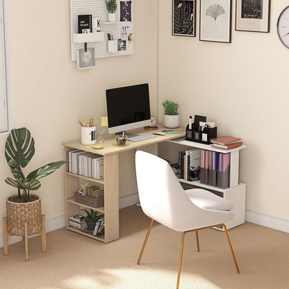 HOMCOM L-shaped desk modular computer desk built-in bookcase + 3-tier shelf white and natural wood