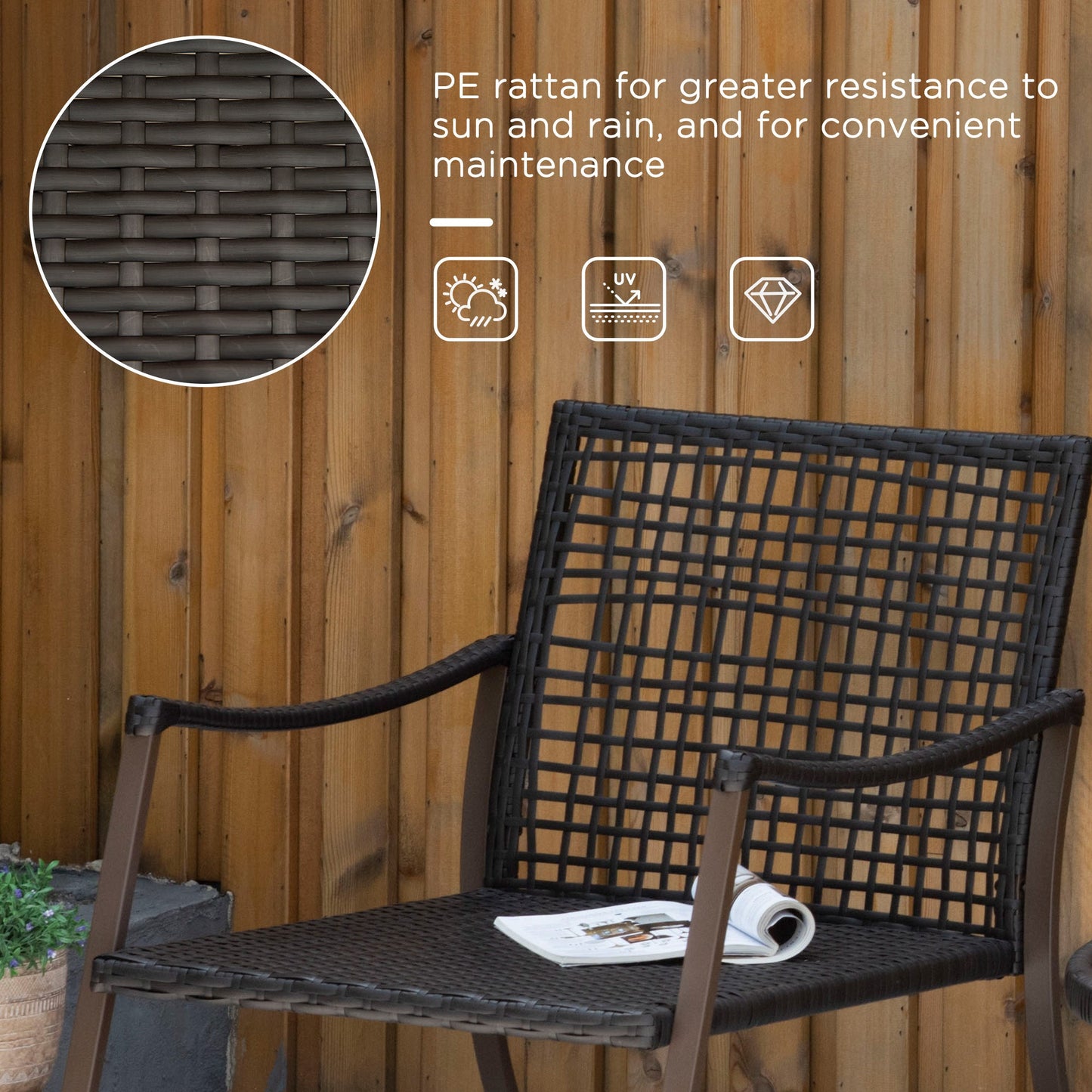 Zestaw Outsunny Rattan Bistro, 3-częściowy zestaw mebli ogrodowych z wikliny z bujanymi krzesłami i okrągłym szklanym stolikiem kawowym, małe meble balkonowe z poduszkami na zewnątrz, weranda, brązowy
