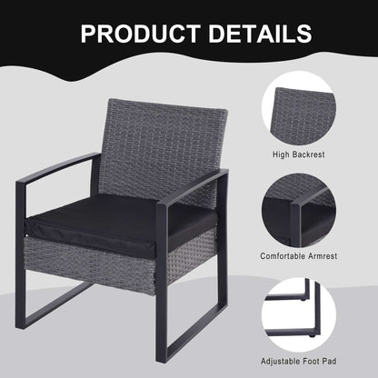 Outsunny PE Rattan Garden Furniture 2 مقاعد فناء بيسترو مجموعة نسج حديقة شتوية أريكة طاولة القهوة وكراسي مجموعة رمادي