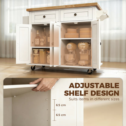 HOMCOM Kitchen Island on Wheels, Rolling Kitchen Storage Trolley with Rubber Wood Top, Drawers, Adjustable Shelves, Cream White