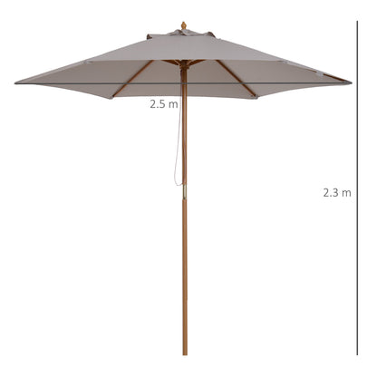 Outsunny 2.5m Wood Garden Parasol Sun Shade Patio Outdoor Wooden Umbrella Canopy, Table Market Umbrella with Vent, 38mm Pole, Rope Pulley Mechanism, Grey