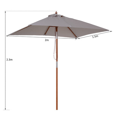 Outsunny 2m x 1.5m Patio Garden Parasol Sun Umbrella Sunshade Canopy Outdoor Backyard Furniture Fir Wooden Pole 6 Ribs Tilt Mechanism - Grey