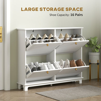 HOMCOM Narrow Shoe Storage Cabinet, Slim Shoe Cabinet with 4 Flip Drawers, Adjustable Shelves for 16 Pairs of Shoes, White