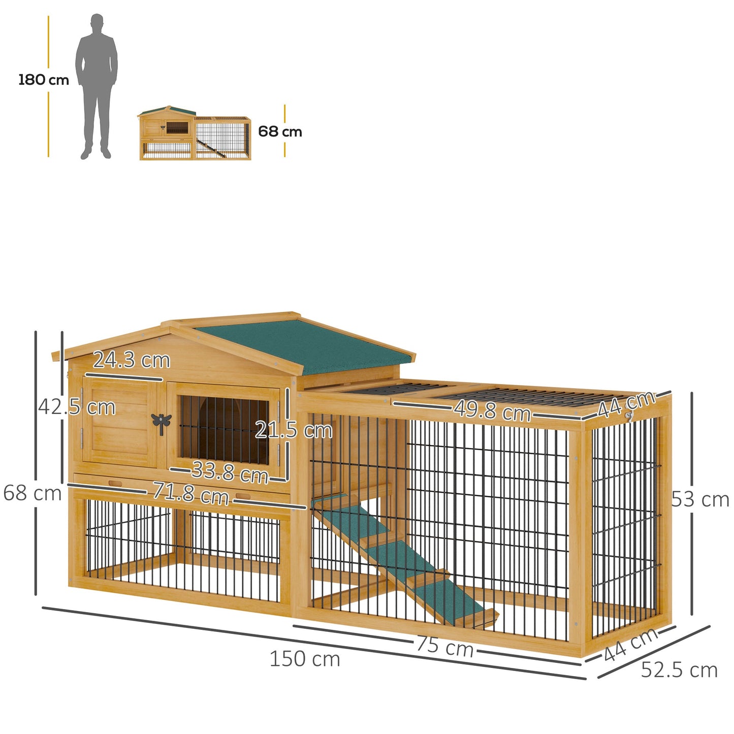 PawHut Rabbit Hutch Outdoor, Wooden Guinea Pig Hutch with Rabbit Run 2 Level Design Water Resistant Openable Roof 150 x 52.5 x 68 cm, Yellow