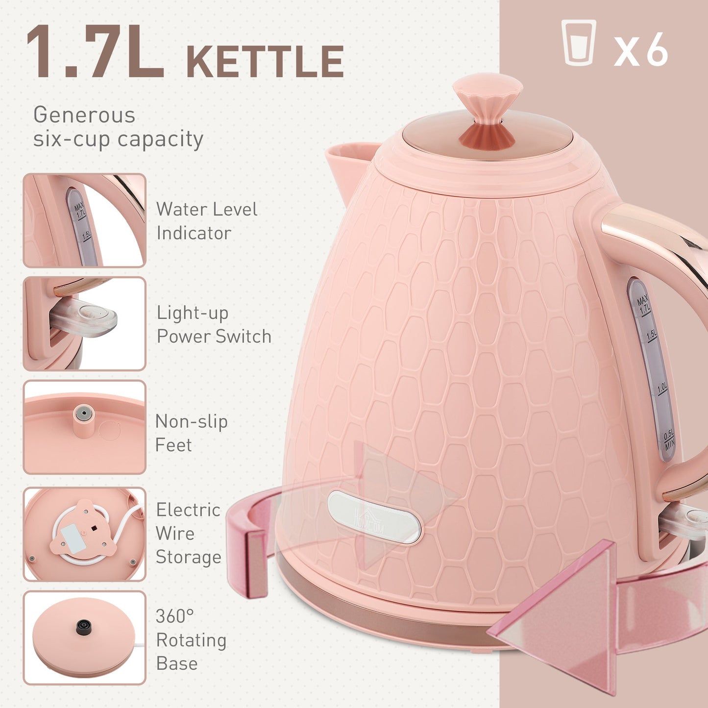 HOMCOM Kettle and Toaster Set, 1.7L 3000W Fast Boil Jug Kettle, 4 Slice Toaster with 7 Level Browning Controls, Light Pink