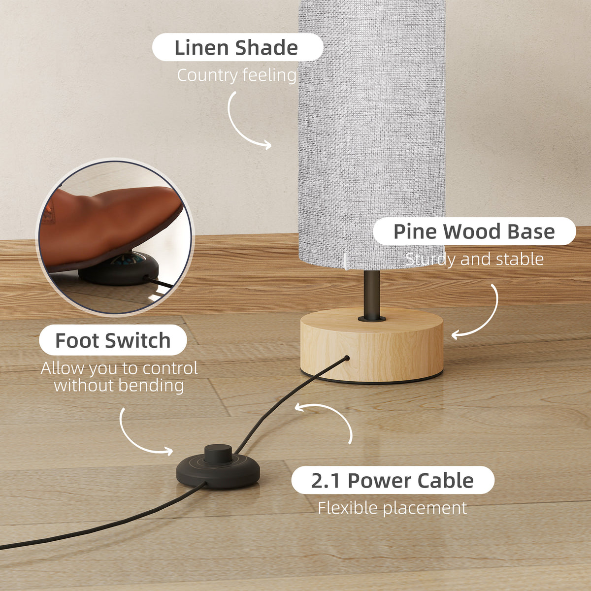 HOMCOM Floor Lamp for Living Room, 47" Modern Standing Lamp with Linen Shade, Wooden Base, Grey
