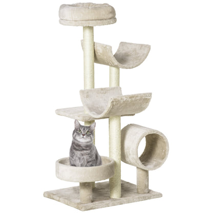 PawHut Cat Tree for Indoor Cats Kitten Pet Scratching Post Perch Activity Center Scratcher Climb Post Play House Arch with Tunnel 105cm Tall Beige