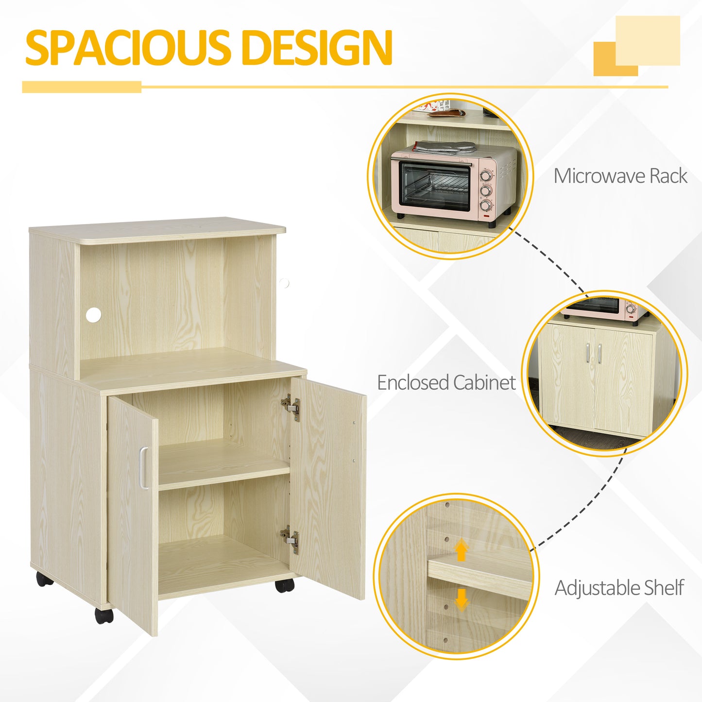 HOMCOM Kitchen Storage Unit, Modern Microwave Stand Trolley Cart, Sideboard with Cabinet, Locking Wheels, Shelf for Living Room, Dining Room, Oak Tone
