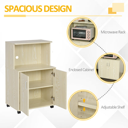 HOMCOM Kitchen Storage Unit, Modern Microwave Stand Trolley Cart, Sideboard with Cabinet, Locking Wheels, Shelf for Living Room, Dining Room, Oak Tone