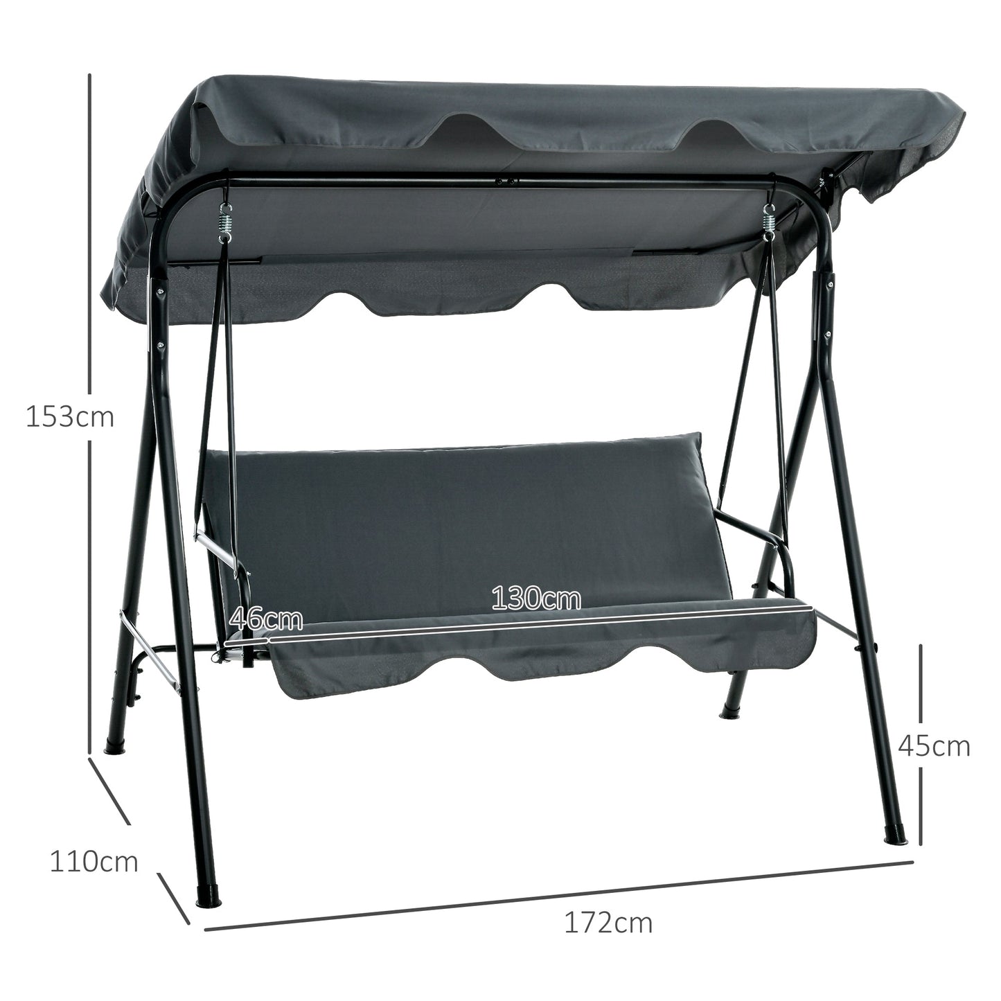 Outsunny 3 Seater Garden Swing Chair, Outdoor Swing Chair with Adjustable Canopy, Mental Frame & Cushions, Grey