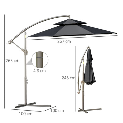 Outsunny 2,7 ​​m Banana Parasol Cantilever z korbką, dwupoziomowym baldachimem i podstawą krzyżową do użytku na zewnątrz, wiszący daszek przeciwsłoneczny, czarny