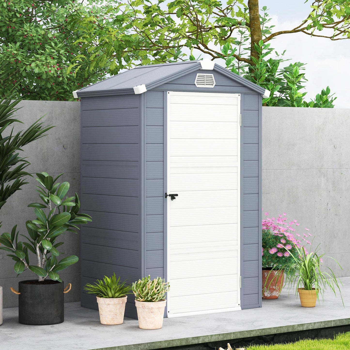 Outsunny 4 x 3ft Garden Shed with Foundation Kit, Polypropylene Outdoor Storage Tool House with Ventilation Slots and Lockable Door, Grey