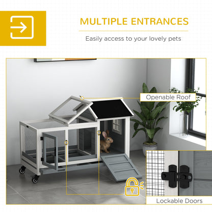 PawHut Wooden Rabbit Hutch, Guinea Pig Cage, with Removable Tray, Wheels - Grey