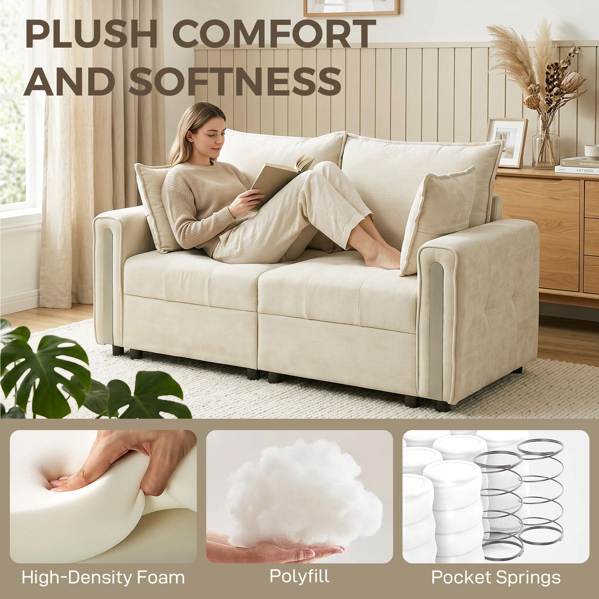 HOMCOM 2 Seater Sofa with Lift-Up Storage, 168 cm Comfy Velvet Small Couch with Wide Deep Seat, Plush Backrest, Thick Padding, 2 Pillows, Loveseat for Living Room, Home Office, Beige