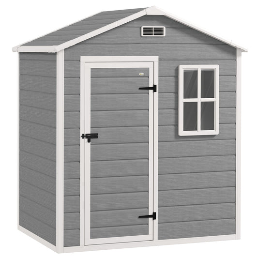 Outsunny 6 x 4ft Garden Shed, plastikowa szopa z podłogą, oknem, zamykanymi drzwiami i otworami wentylacyjnymi, imitacja drewna, szopa narzędziowa z żywicy na zewnątrz, szara