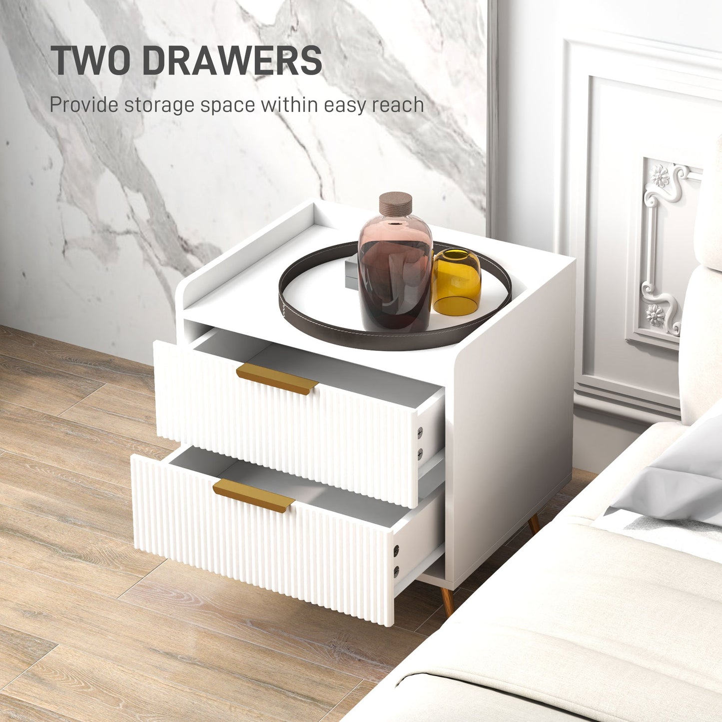 HOMCOM Elegant Two-Drawer Bedside Table Set of 2 - White