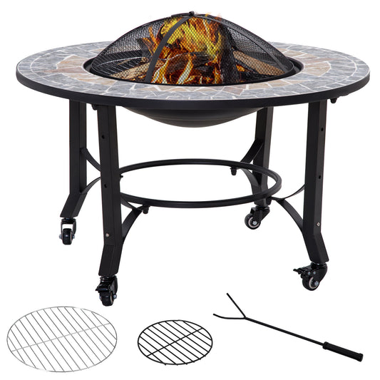 Outsunny 3-in-1 Outdoor Fire Pit on Wheels, Mosaic Garden Table, Patio Heater with Cooking BBQ Grill, Firepit Bowl with Screen Cover, Fire Poker for Backyard Bonfire