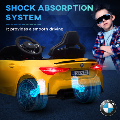 AIYAPLAY 12V BMW M4 Licencjonowany samochód dla dzieci z łatwym transportem, pilotem, zawieszeniem, muzyką, klaksonem, światłami LED, żółty