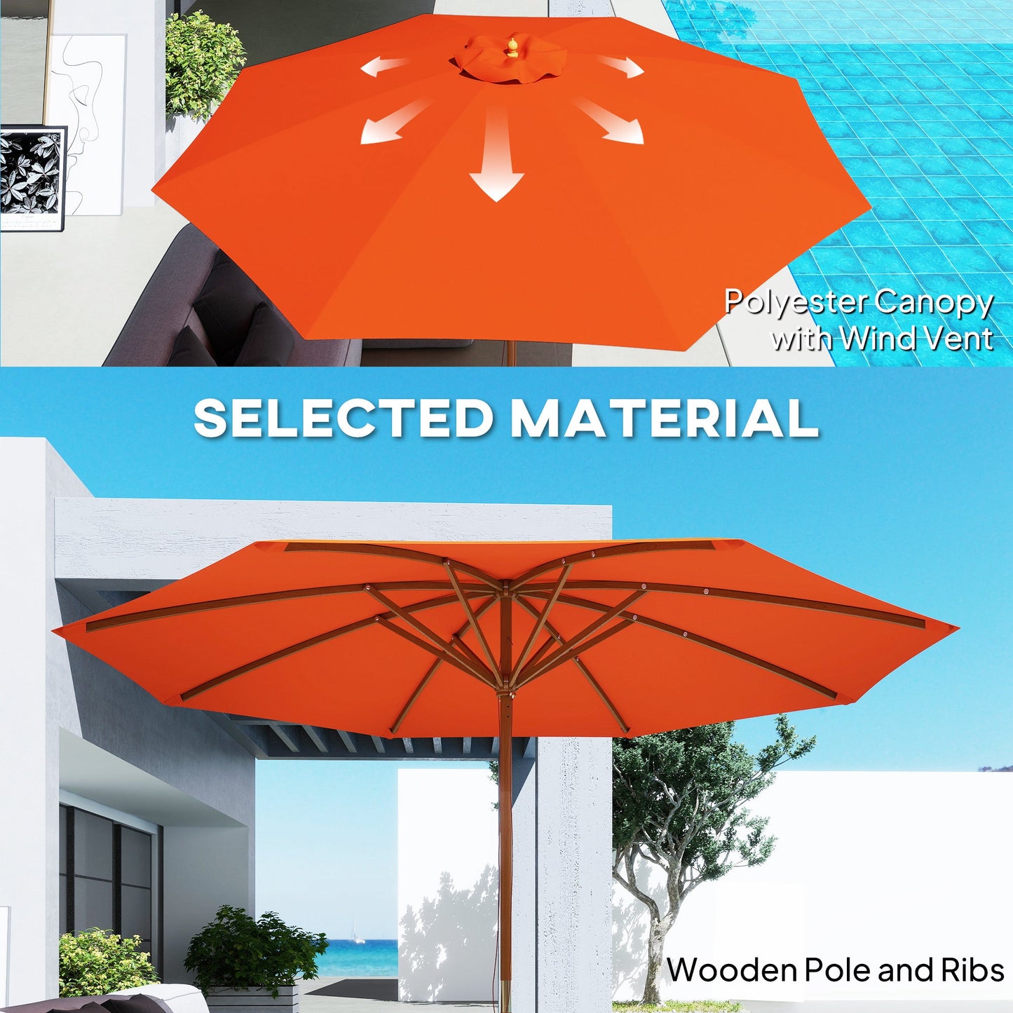 Outsunny 3m Wood Pole Parasol Umbrella - Orange