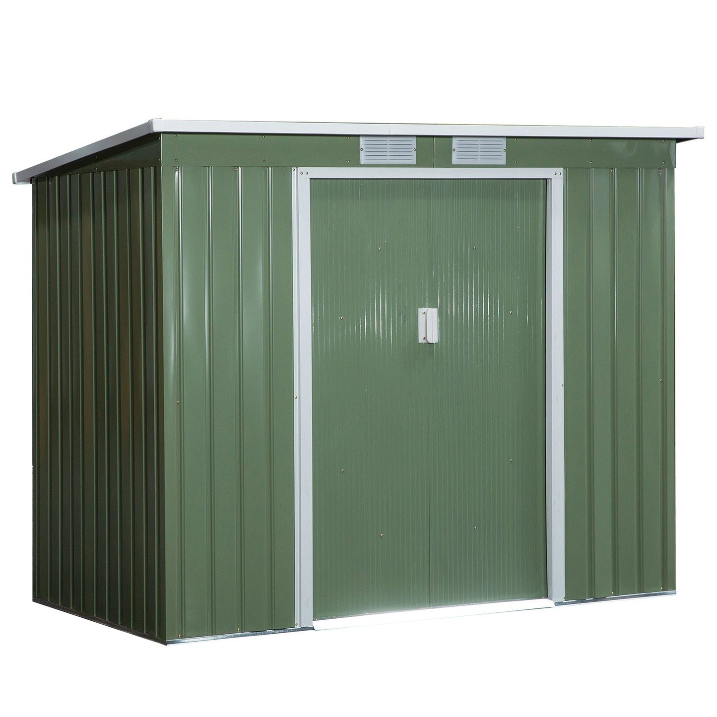 Outsunny 7 x 4ft Lean to Garden Shed with Foundation Kit, Double Door and Vents, Outdoor Metal Storage Shed for Equipment Tools, Green