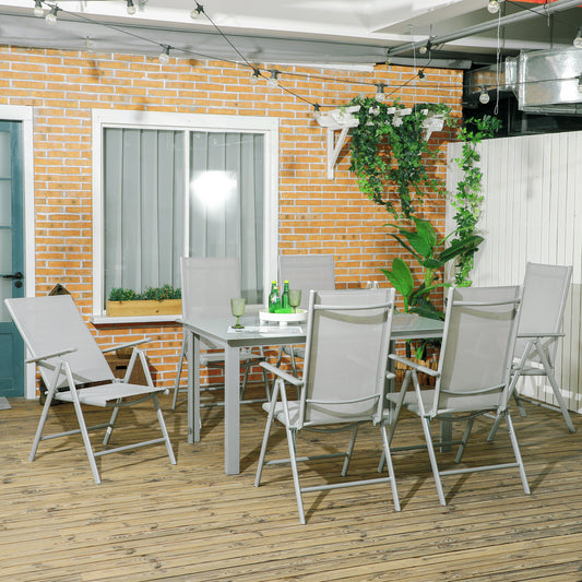Outsunny 7-częściowy zestaw ogrodowy, stół ogrodowy i 6 składanych i rozkładanych krzeseł, aluminiowa rama, stół z blatem ze szkła hartowanego, siedziska Texteline, szary