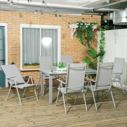 Outsunny 7-częściowy zestaw ogrodowy, stół ogrodowy i 6 składanych i rozkładanych krzeseł, aluminiowa rama, stół z blatem ze szkła hartowanego, siedziska Texteline, szary