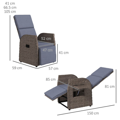 Outdoor Leisure Garden Chair W/ Cushion, Hand-Woven PE Rattan Recliner with Adjustable Back And Footrest, Patio Deck Chair with Side Table, Brown