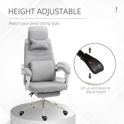 Vinsetto Office Chair, Ergonomic Desk Chair, High Back Fabric Work Chair with 160¡ Reclining Backrest, Retractable Footrest, Neck and Lumbar Pillow for Home and Study, Grey