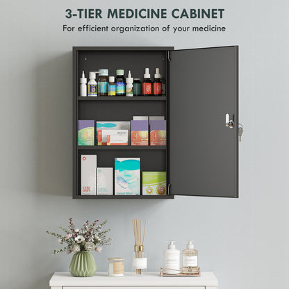 kleankin 3-Tier Steel Wall Mount Medicine Cabinet, First Aid Cabinet Lockable with 2 Keys for Bathroom and Kitchen, Black