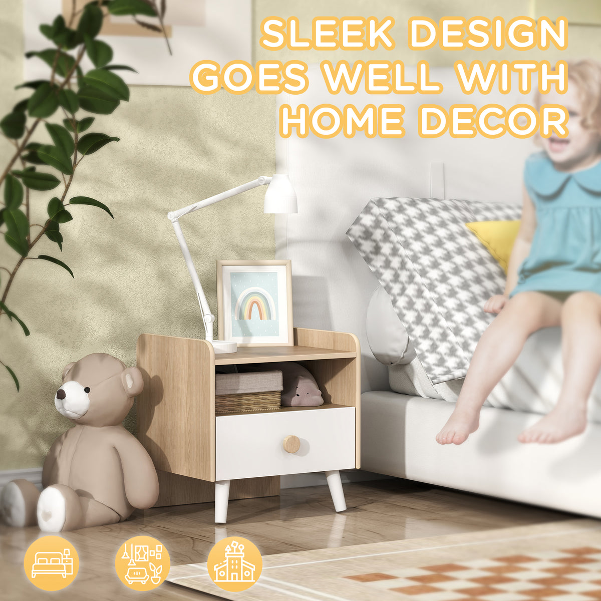 AIYAPLAY Kids Bedside Table in Natural Wood and White Drawer and Legs, image 5
