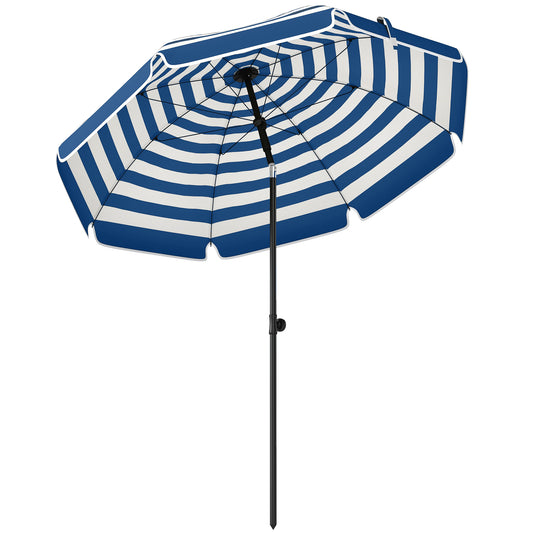 Outsunny 1.8 m Beach Umbrella Parasol with Sand Anchor, Portable 30Â° Tilting Patio Sun Shade with Adjustable Height, Blue/White