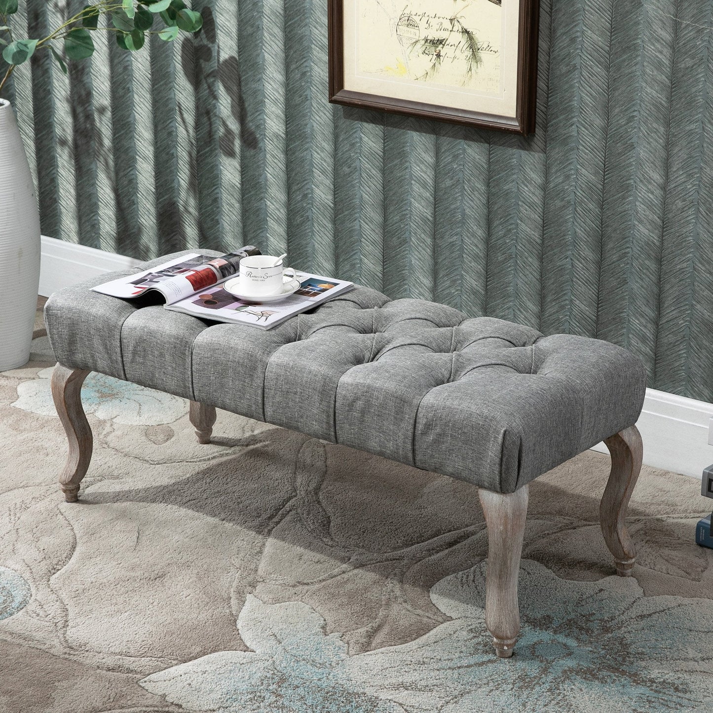 Retro Style Tufted Upholstered Accent Bench Window Seat Bed End Stool Fabric Ottoman for Living Room, Bedroom, Hallway