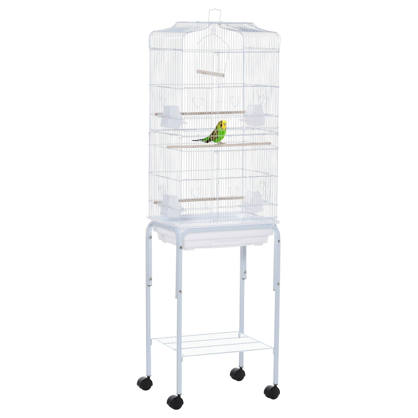 PawHut Bird Cage Budgie Cages for Finch Canary Parakeet with Stand Wheels Slide-out Tray Accessories Storage Shelf, White 46.5 x 36 x 157 cm