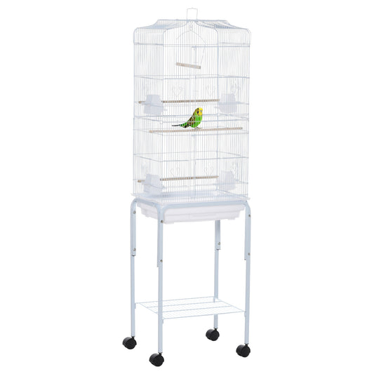 PawHut Bird Cage Budgie Cages for Finch Canary Parakeet with Stand Wheels Slide-out Tray Accessories Storage Shelf, White 46.5 x 36 x 157 cm