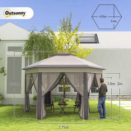 Outsunny Hexagon Garden Gazebo Pop Up Gazebo Outdoor Patio Double Roof Instant Shelter with Netting, 3 x 4m, Beige