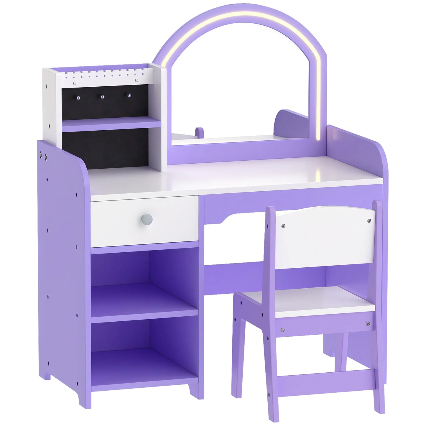 AIYAPLAY Kids Vanity Set, Kids Dressing Table with Stool, 2-Colour Lights Mirror, Pretend Dresser Gift for Ages 3-8, Purple