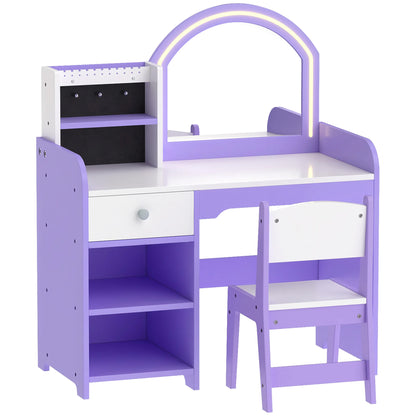 AIYAPLAY Kids Vanity Set, Kids Dressing Table with Stool, 2-Colour Lights Mirror, Pretend Dresser Gift for Ages 3-8, Purple
