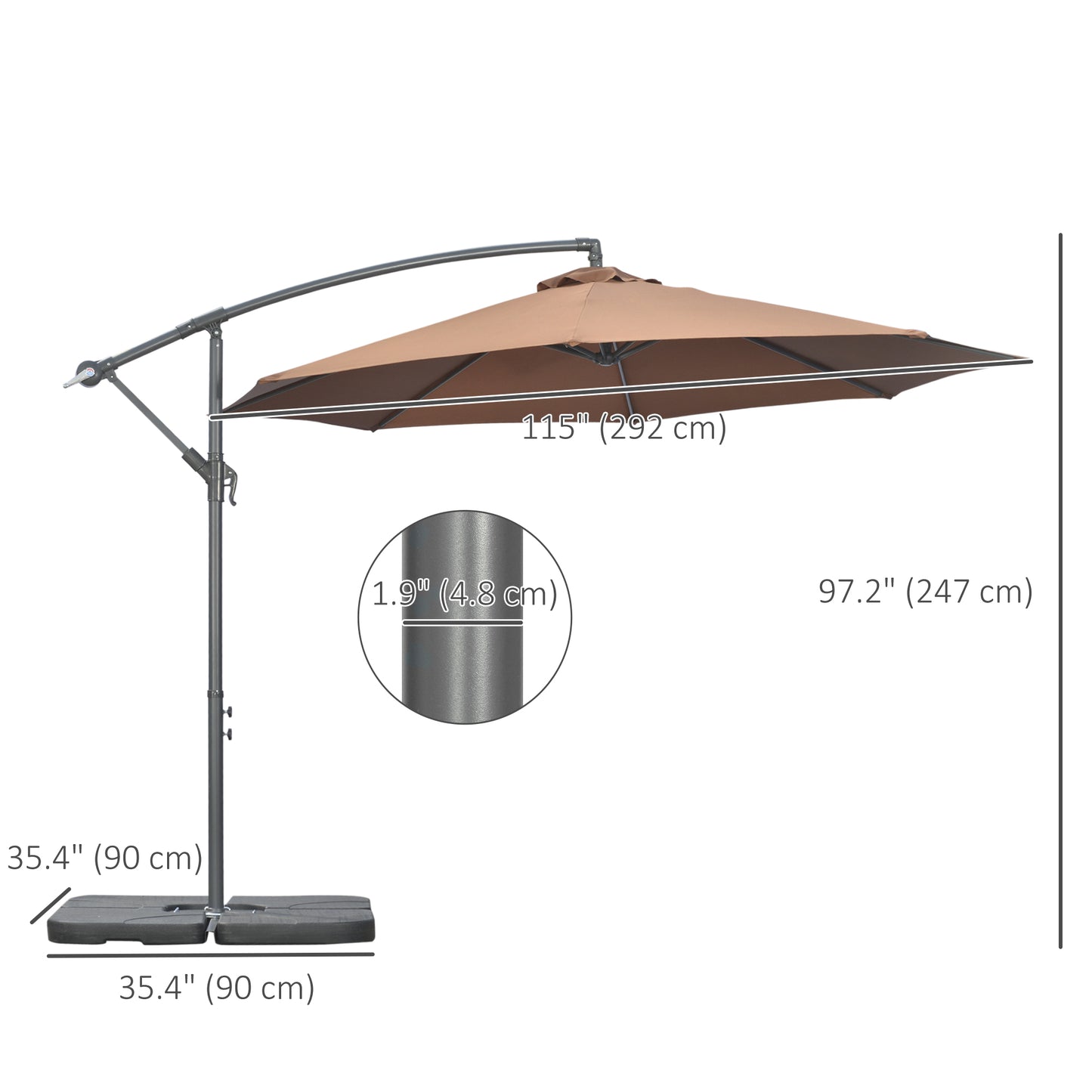 Parasol ogrodowy Outsunny 3(m) w kształcie banana, z korbką, podstawą krzyżową, obciążnikami i pokrowcem, do użytku na zewnątrz, wiszący, w kolorze kawy