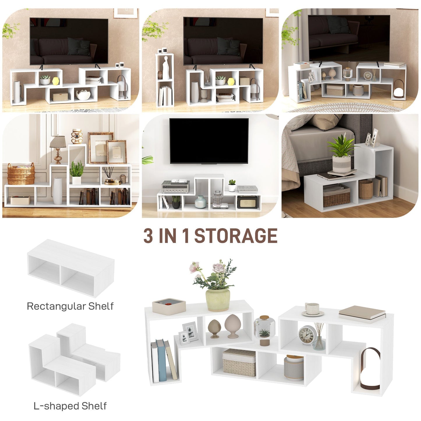 HOMCOM Three-Block Modular TV Stand - White Wood-Effect
