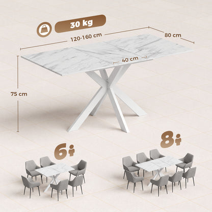 HOMCOM Extendable Dining Table Steel Cross Legs Steel Rails Space Saving White
