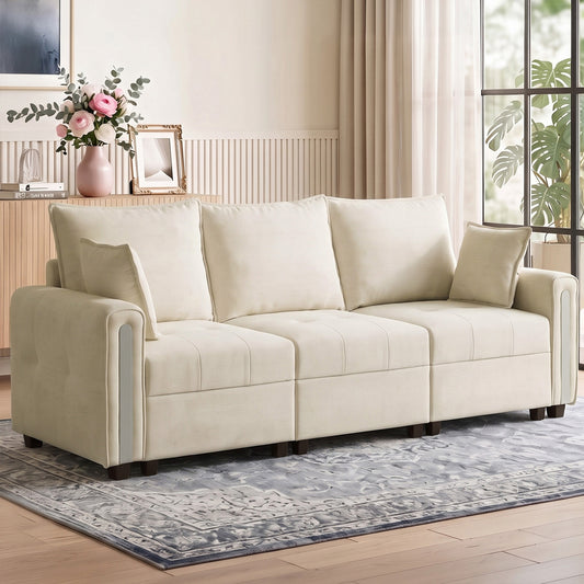 HOMCOM 3 Seater Sofa with Lift-Up Storage, 228cm Comfy Velvet Couch with Wide Deep Seat, Beige