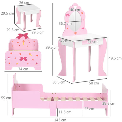 ZONEKIZ طقم أثاث غرفة نوم الأطفال 3 قطع مع سرير وطاولة تزيين ومقعد، بطابع الأميرة، لعمر 3-6 سنوات، وردي