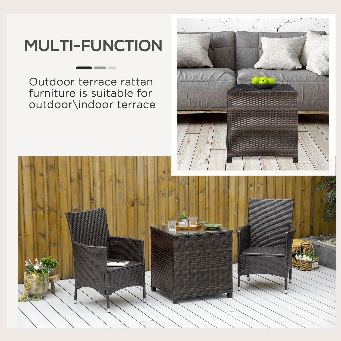 Outsunny Rattan Garden Furniture Side Table Patio Frame Tempered Glass New (Brown)